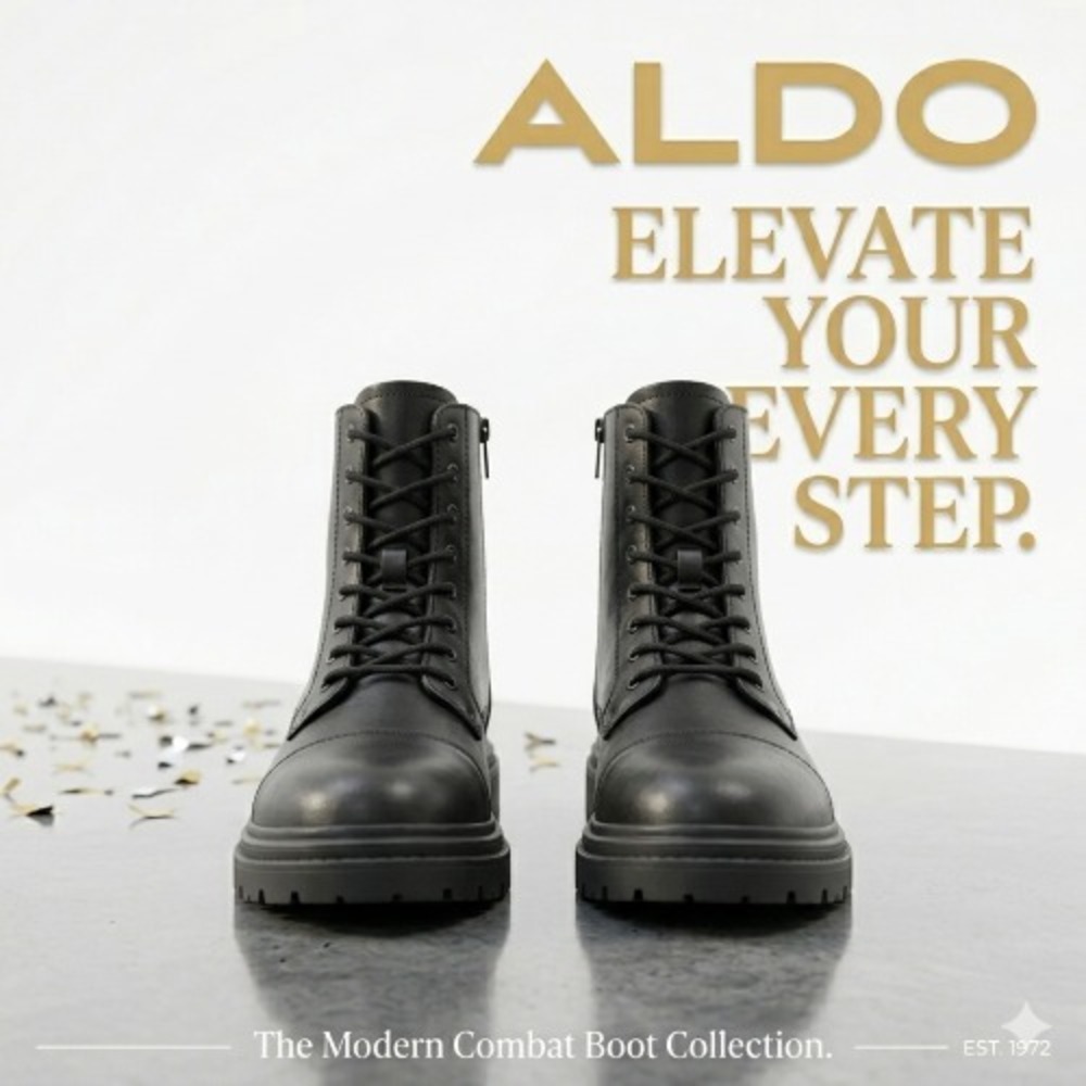 Aldo Men's Combat Boots – Modern Matte Black Lace‑Up with Side Zip, Size‎ 11